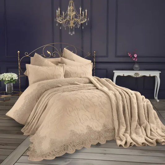 Elegant beige bedding set with scalloped lace trim and embroidered details.