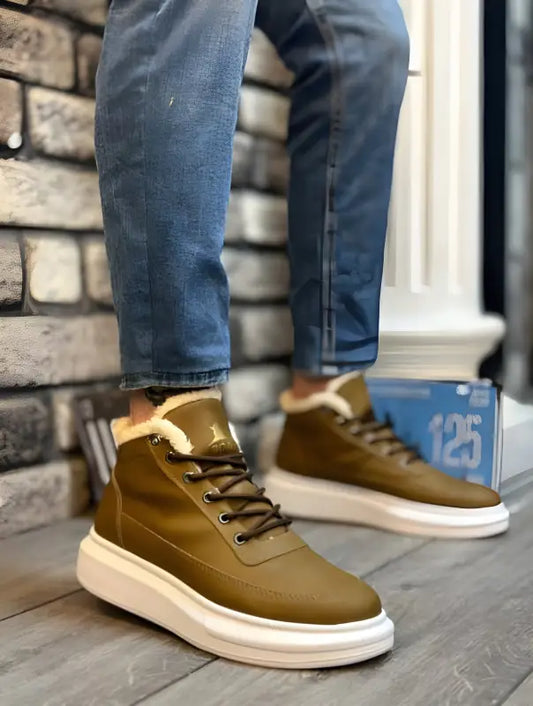 Brown leather high-top sneakers with white soles and brown laces.