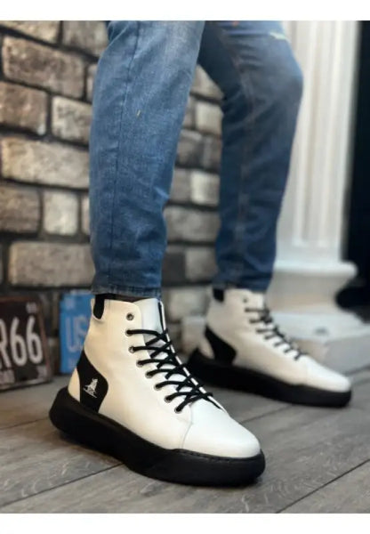 White high-top sneakers with black soles and laces.