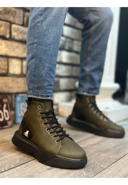 Olive green high-top sneakers.