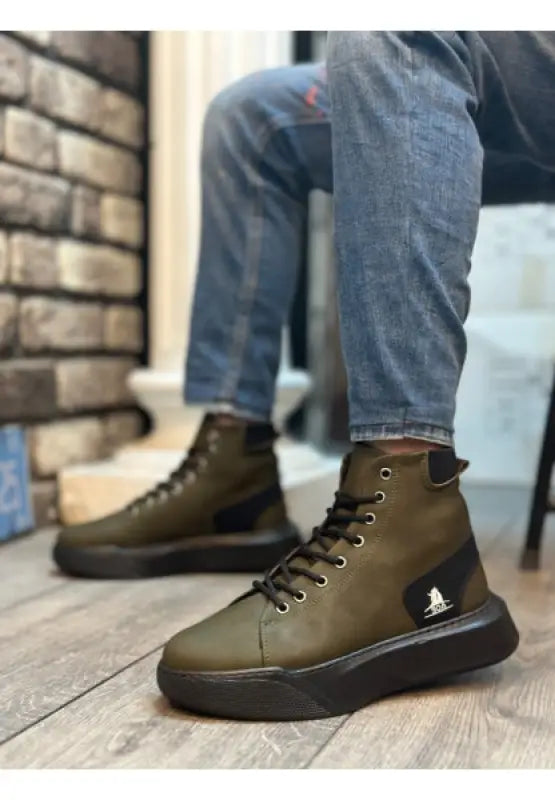 Olive green high-top sneakers.