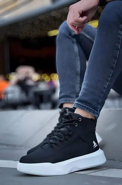 Black high-top sneaker with white sole and laces.