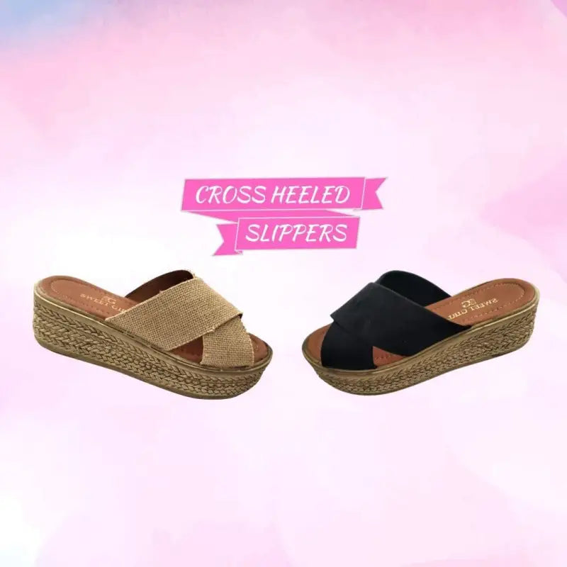 Cross-heeled slip-on sandals with woven platform soles in beige and black colors.