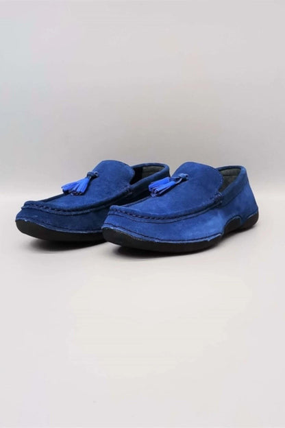 Cs- Lens Saks Blue Suede Leather Anatomical Sole Tassel Detailed Men'S Casual Shoes