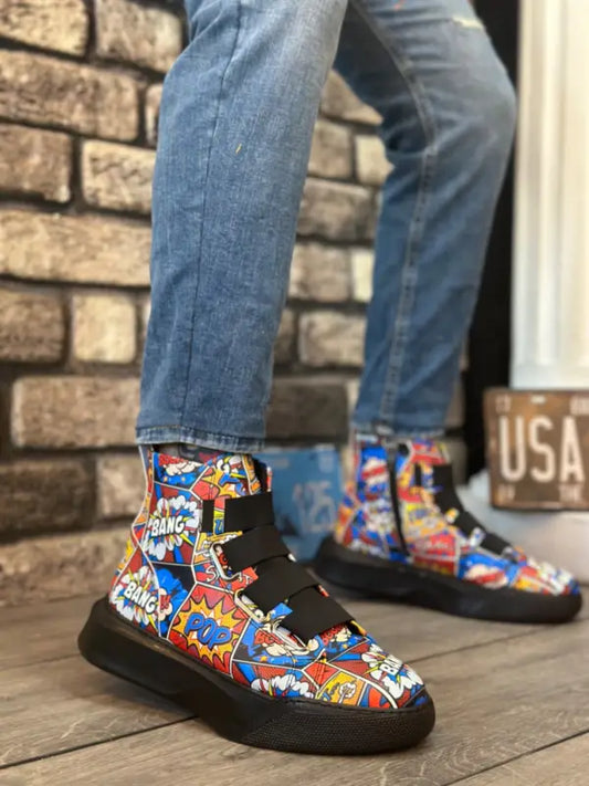 Comic book-themed high-top sneakers with colorful superhero print designs.