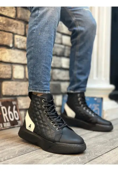 Black leather combat boots with white diamond-shaped side patches and laces.