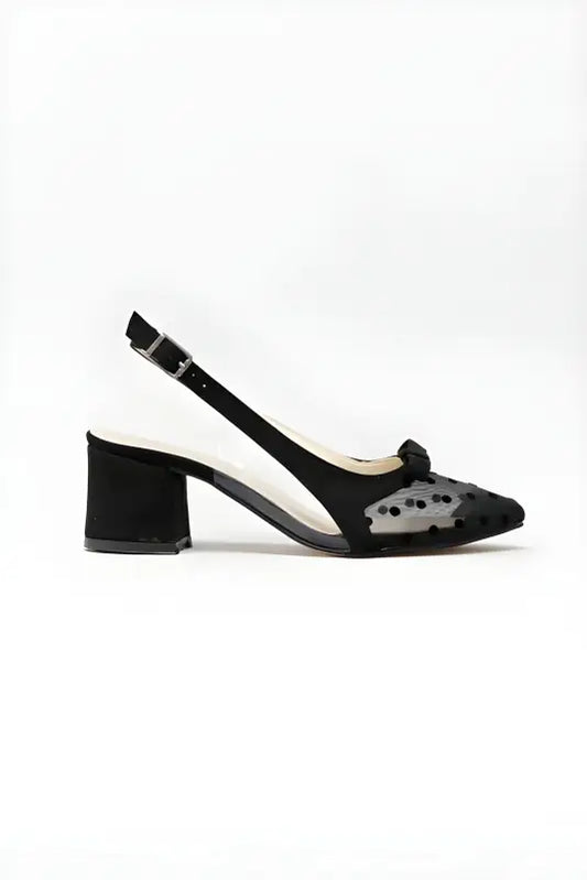 Black suede slingback pump with mesh detail and a block heel.