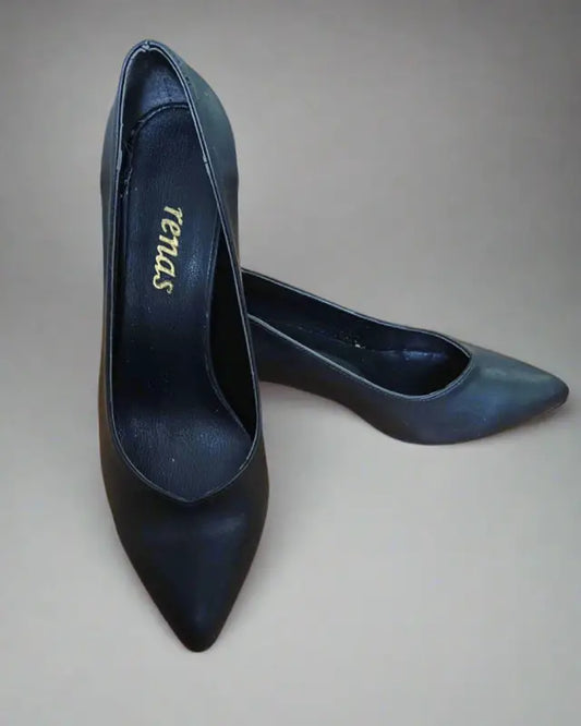 Classic black pointed-toe pumps with a slim heel.