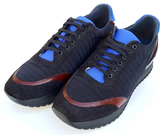 Black and blue athletic sneakers with burgundy trim and textured soles.