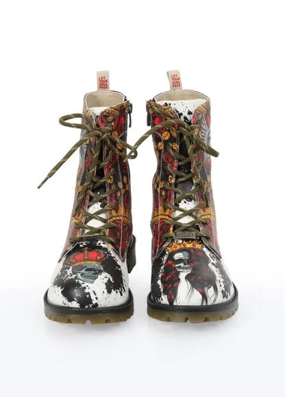 Combat boots with floral and abstract black-and-white artistic designs.