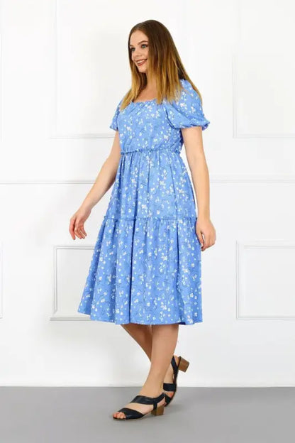 Light blue floral midi dress with puff sleeves and a tiered skirt.