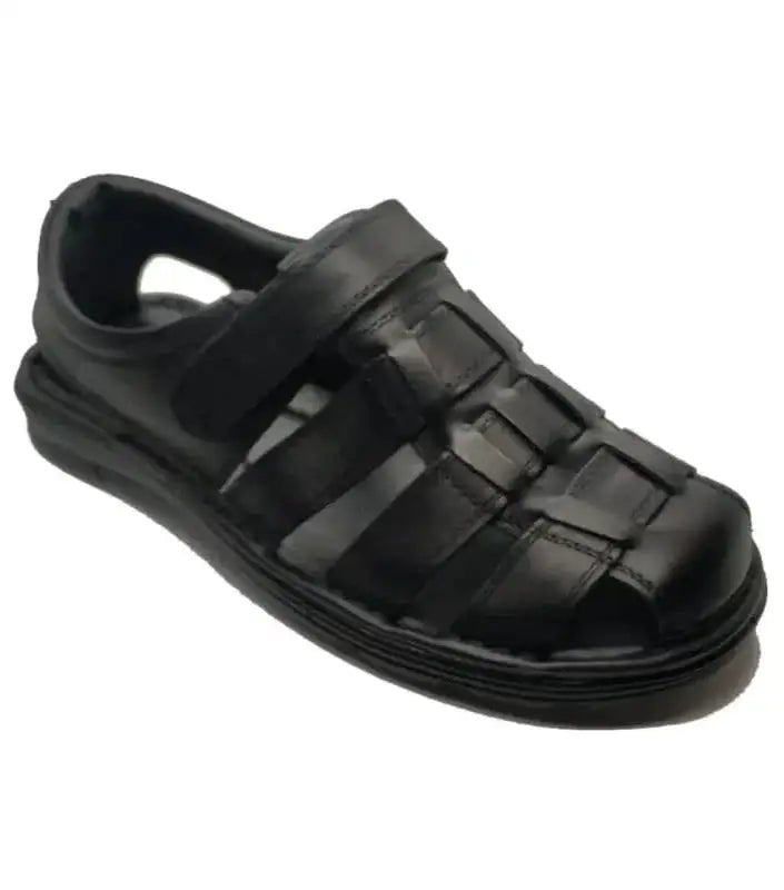 Black leather sandal with multiple straps and a velcro closure.