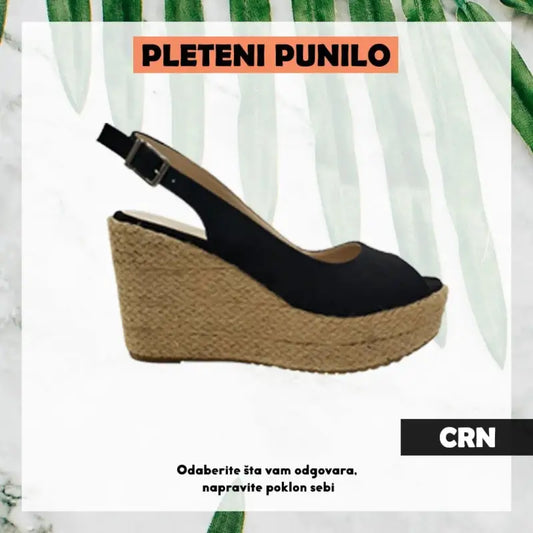 Black peep-toe espadrille wedge sandal with slingback strap.