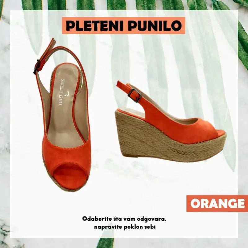 Orange wedge sandals with an espadrille platform sole and slingback strap.