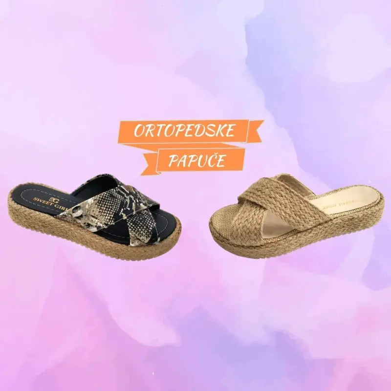 Two pairs of comfortable-looking slip-on sandals with woven textures in black snakeskin and beige patterns.