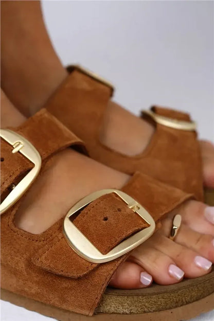 Mj- Irene Genuine Leather Double Buckle Slippers