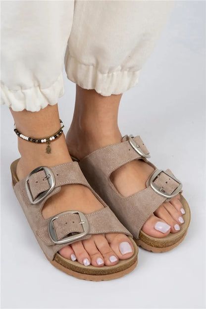 Mj- Irene Genuine Leather Double Buckle Slippers