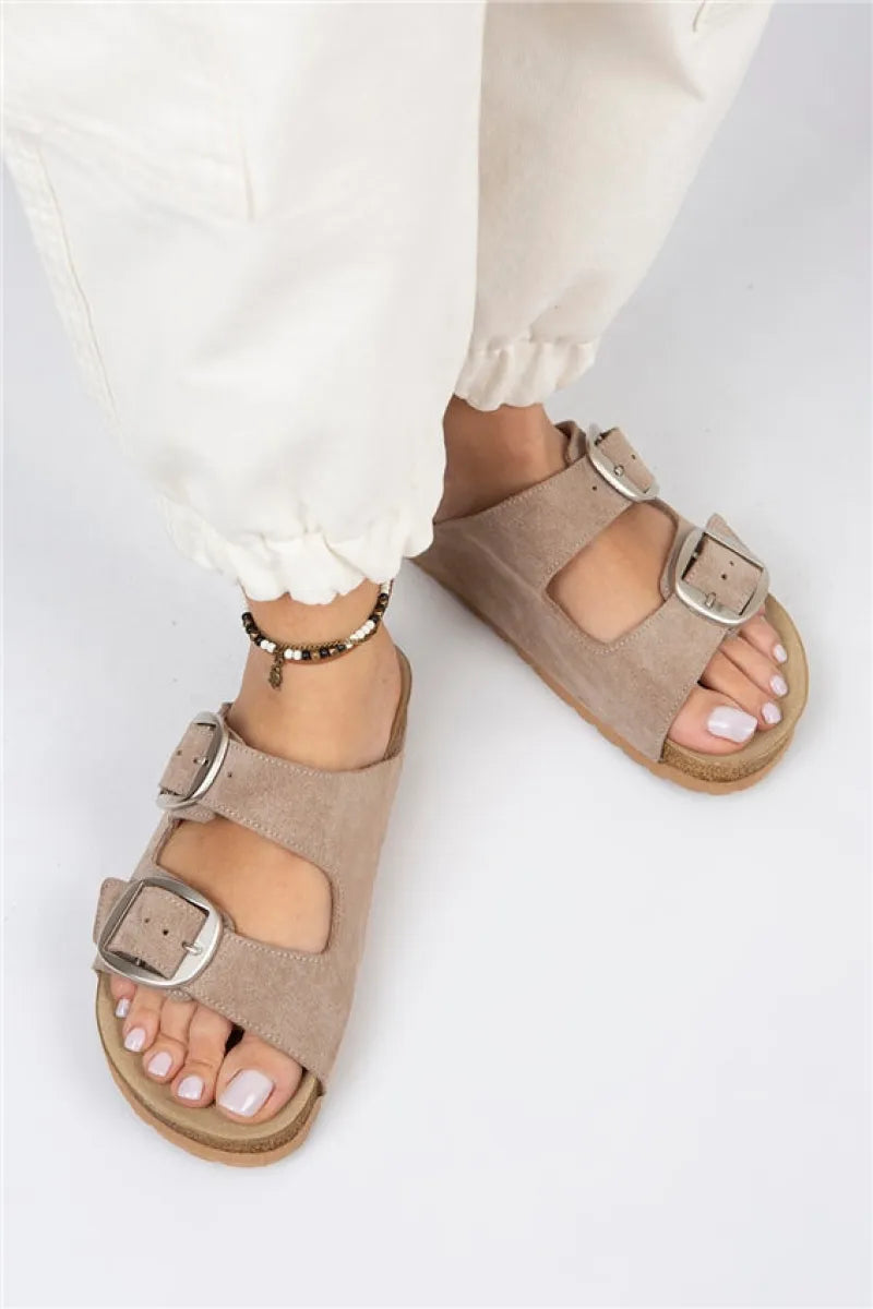 Mj- Irene Genuine Leather Double Buckle Slippers