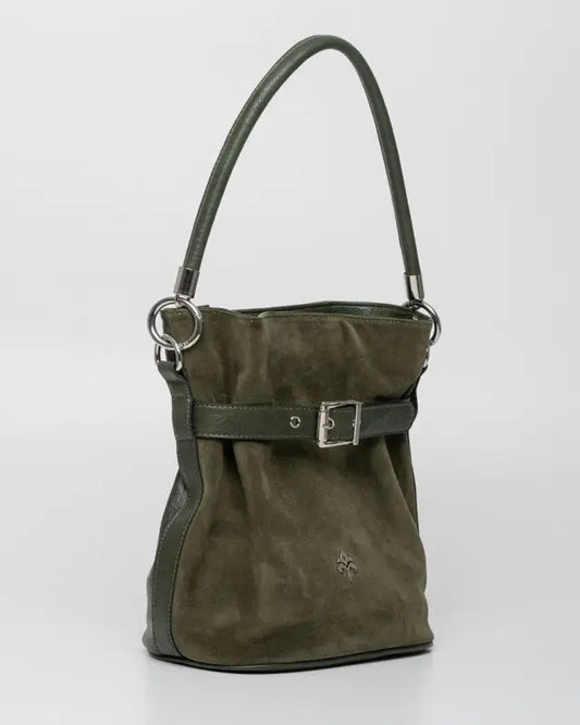 Olive green suede bucket bag with a buckled strap detail and single shoulder handle.