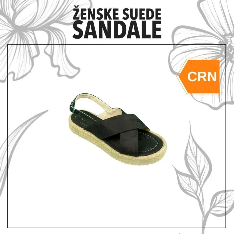 Black suede sandal with crossed straps and a light-colored sole.