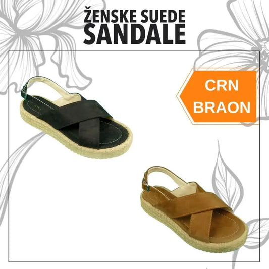 Women’s suede sandals with crossed straps in black and brown colors.