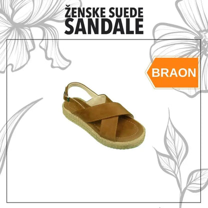 Brown suede sandal with crossed straps and a platform sole.