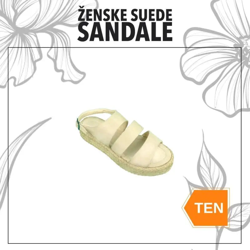 Cream-colored suede sandal with multiple straps.