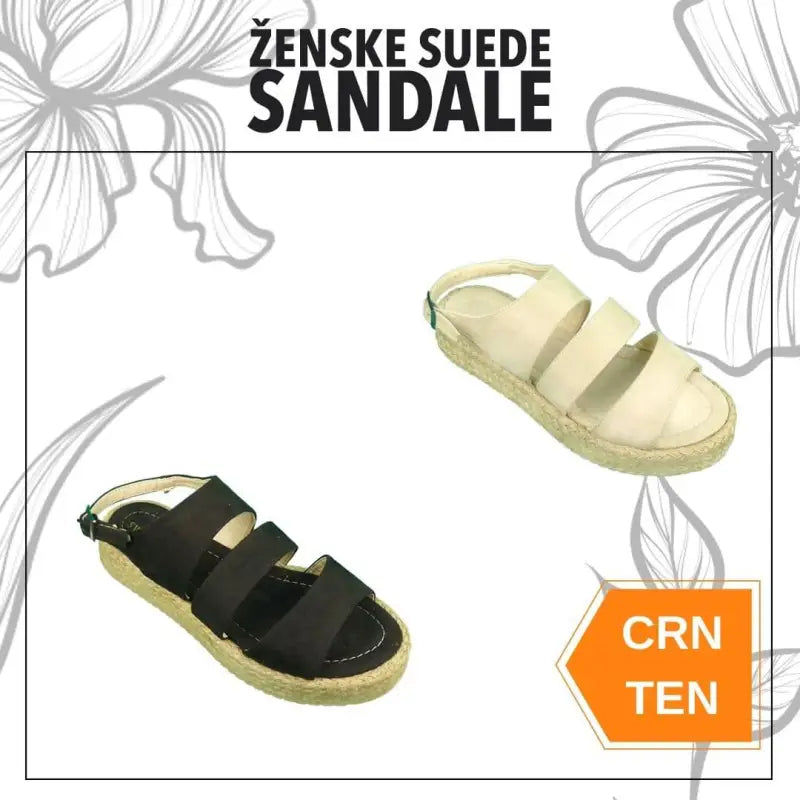 Women’s suede sandals with multiple straps shown in black and beige colors.