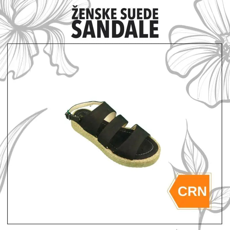 Black suede sandal with two straps and a light-colored sole.