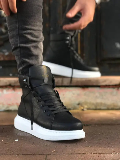 Black high-top sneaker with white sole and laces.