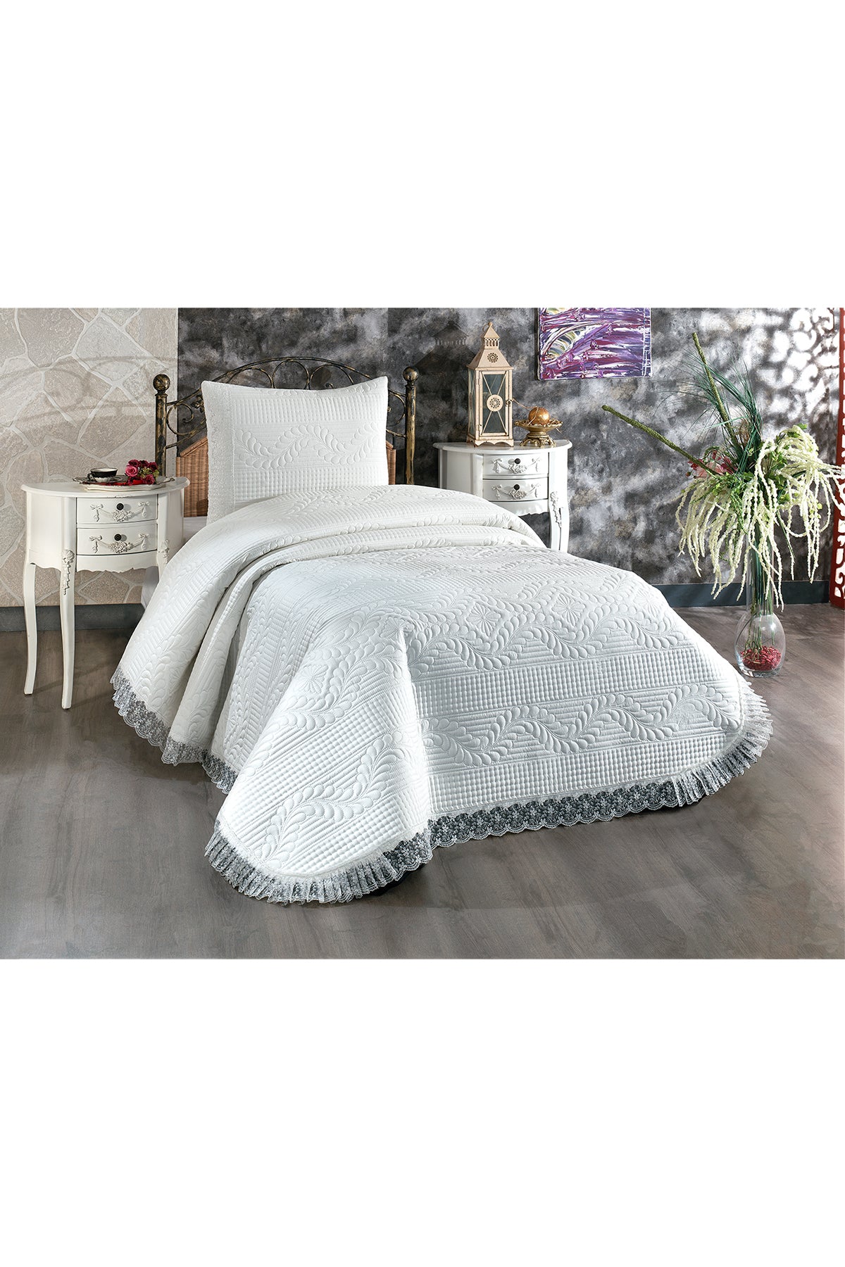 Cd- Limena Lace Quilted Single Bedspread, White