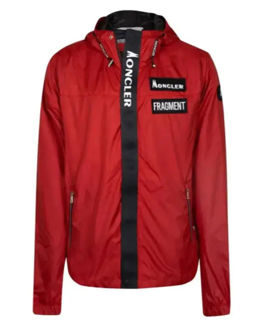 Red Moncler x Fragment zip-up windbreaker jacket with black accents.