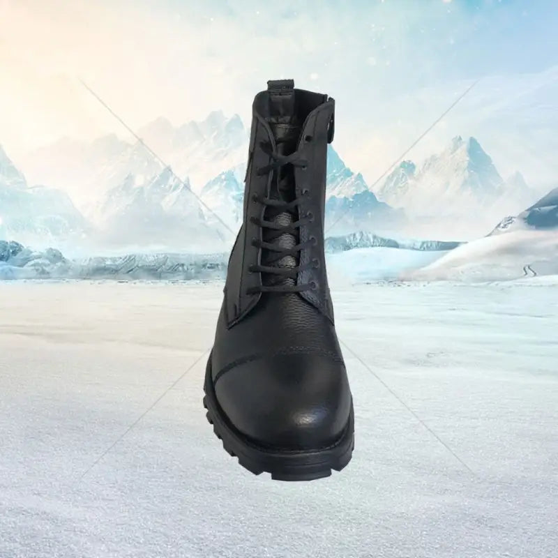 Black leather combat boot with laces and a rugged sole.