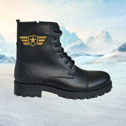 Black leather combat boot with a military-style wing emblem on the side.