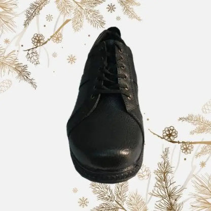 Black leather oxford dress shoe with laces.