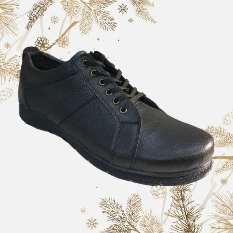 Black leather lace-up casual shoe with a rounded toe.