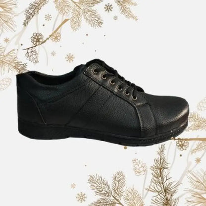 Black leather lace-up casual shoe.