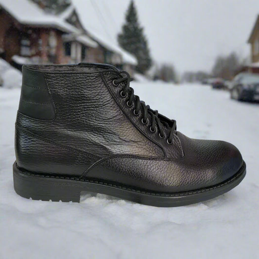 Black leather lace-up ankle boot with a textured upper and rubber sole.