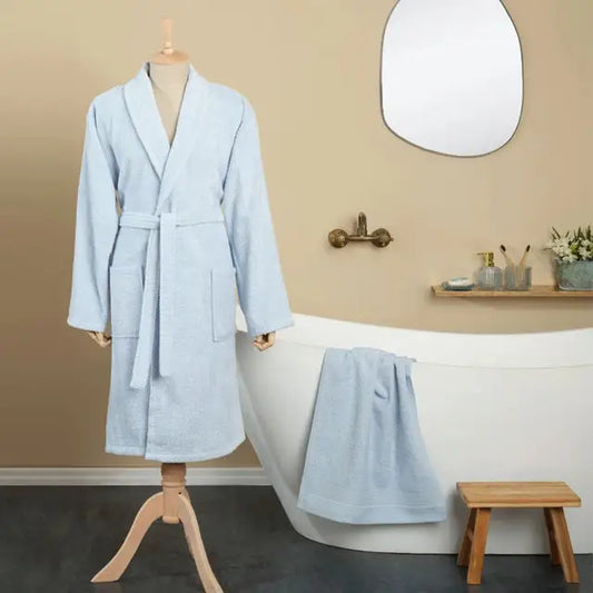 Light blue terry cloth bathrobe with a tie belt.