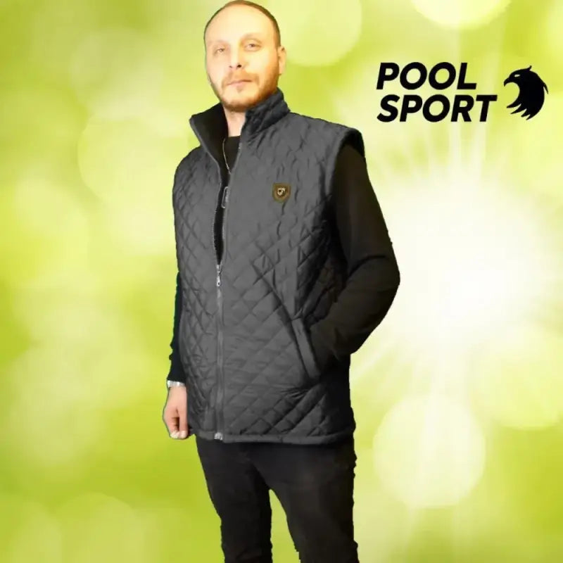 Quilted gray and black sports vest with ’Pool Sport’ logo.