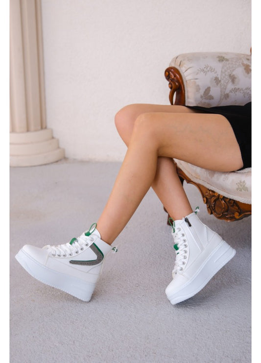 Co-Pone White Skin Green Detailed Lace Up Boots