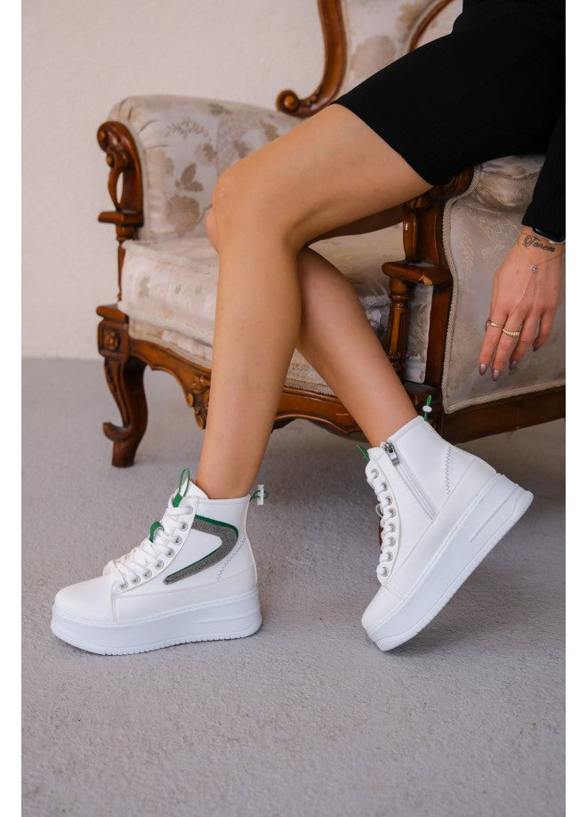 Co-Pone White Skin Green Detailed Lace Up Boots