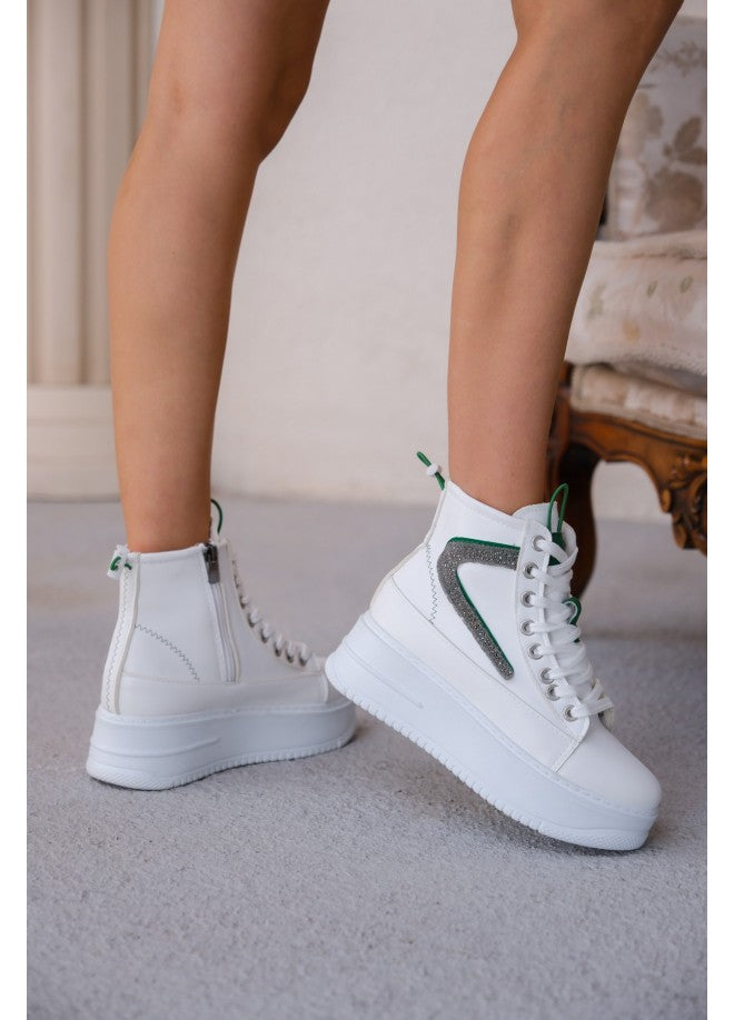 Co-Pone White Skin Green Detailed Lace Up Boots