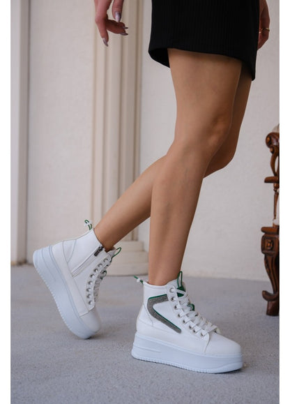 Co-Pone White Skin Green Detailed Lace Up Boots