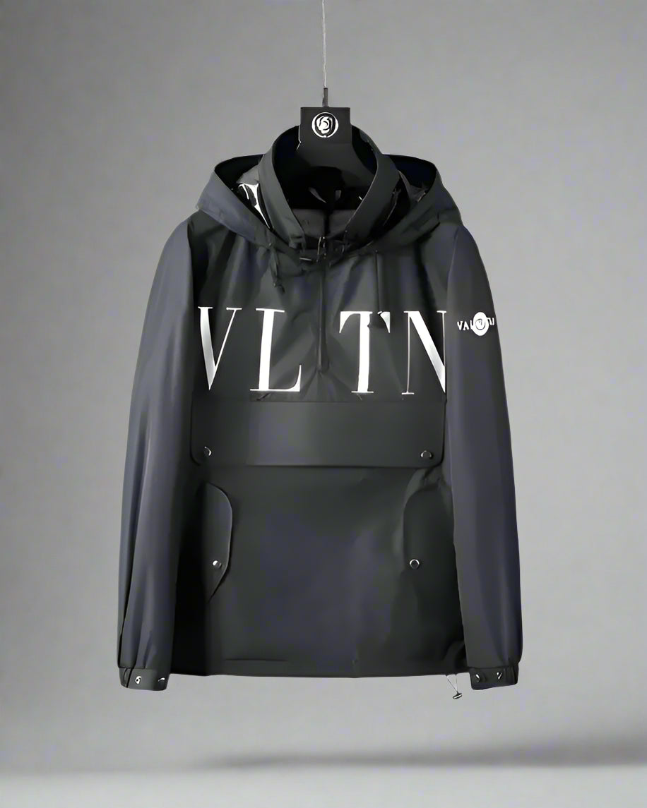 Black hooded Valentino pullover jacket with white ’VLTN’ logo print.